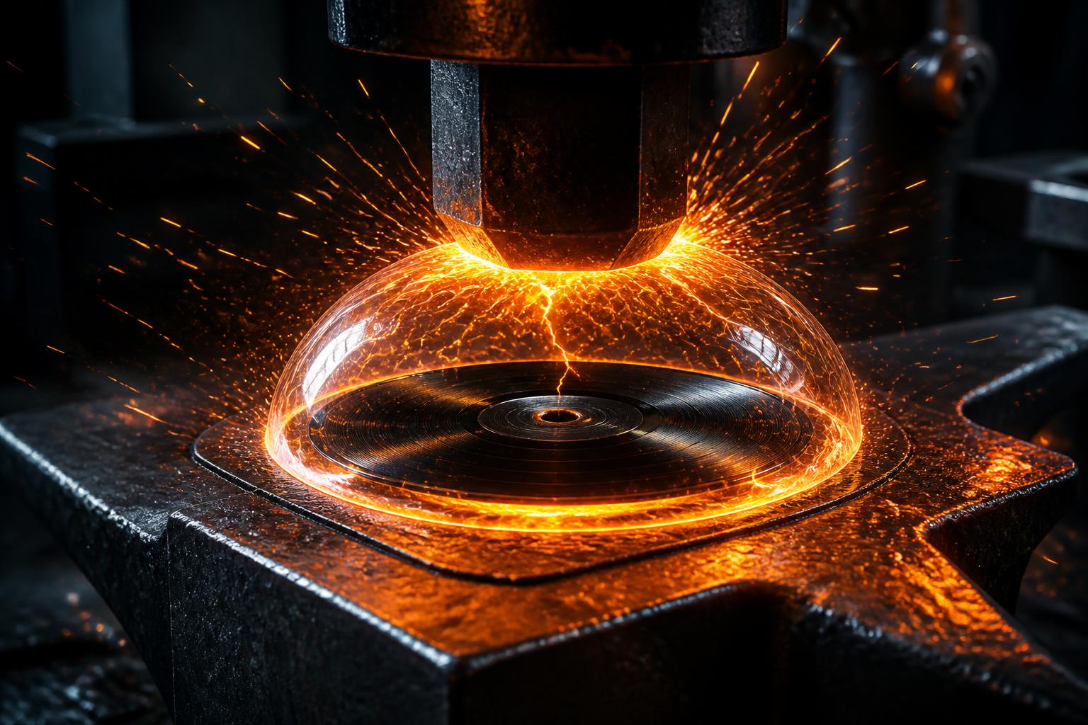 A vinyl master disk on a forged metal plate, sealed inside a glowing protective energy dome as a hammer strikes